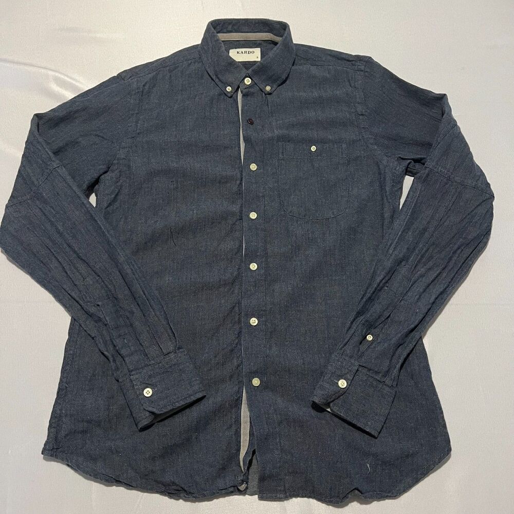 KARDO Men's Small S Woven Button Down Shirt Blue Cotton Long Sleeve